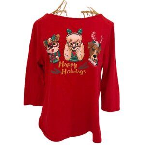 Ruby Rd. red 3/4 length sleeve holiday/Christmas shirt with cats and dogs.